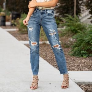 Judy Blue Jeans Womens 3/26 Blue Boyfriend Mid-Rise Ripped Distressed Raw Hem